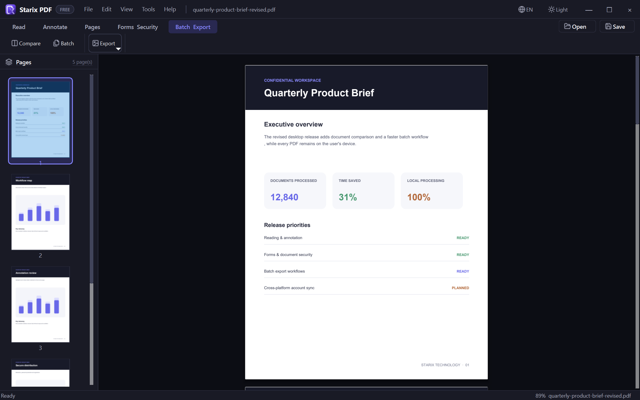 Starix PDF batch and export workspace with a revised product brief