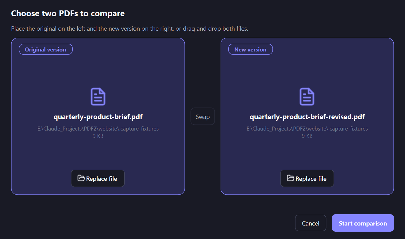 Starix PDF compare setup with an original and revised PDF selected