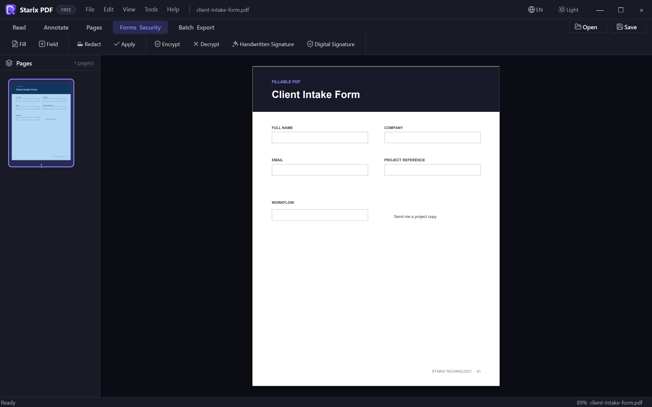 Starix PDF forms and security workspace displaying a fillable client form