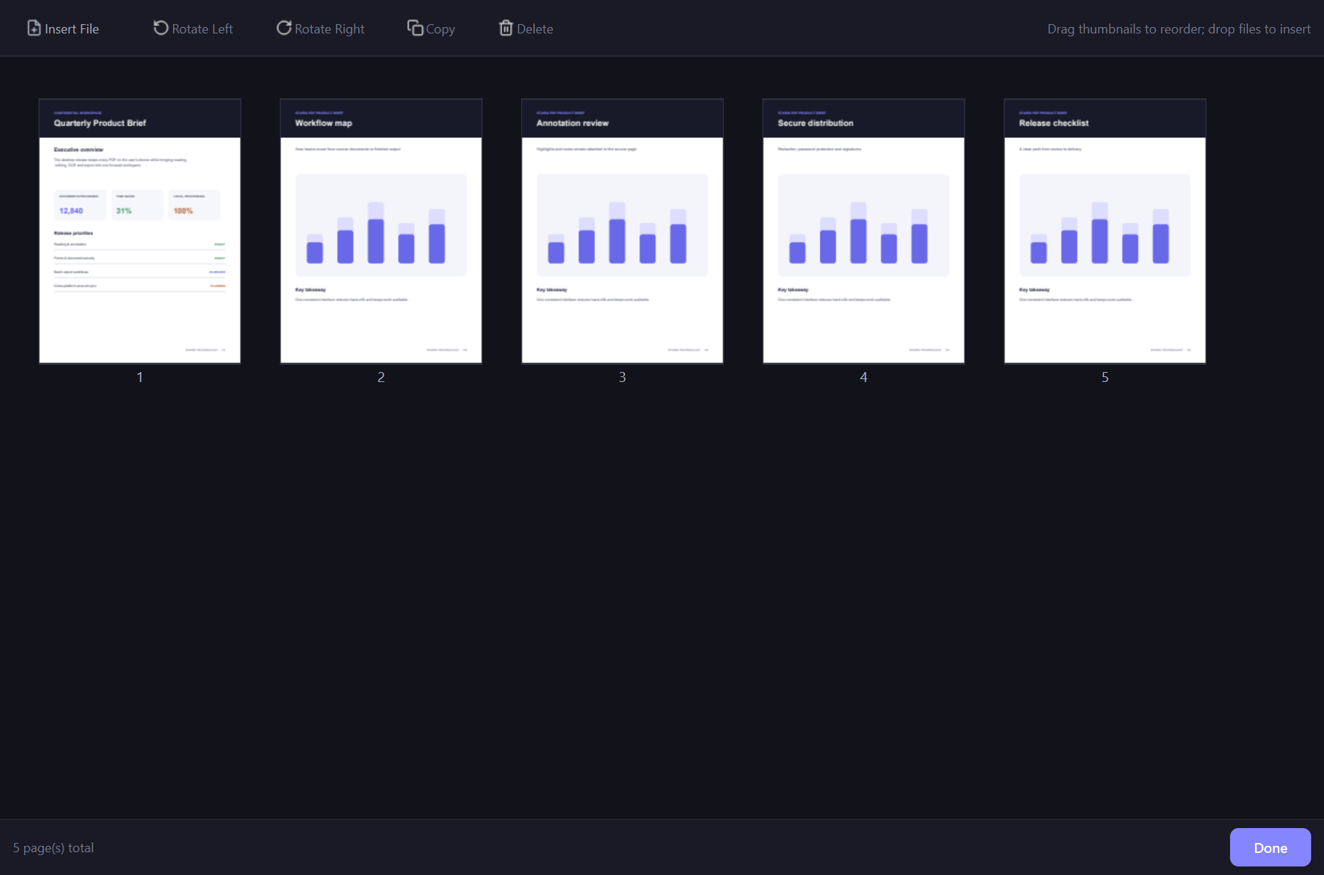 Starix PDF page organizer with five real PDF page thumbnails