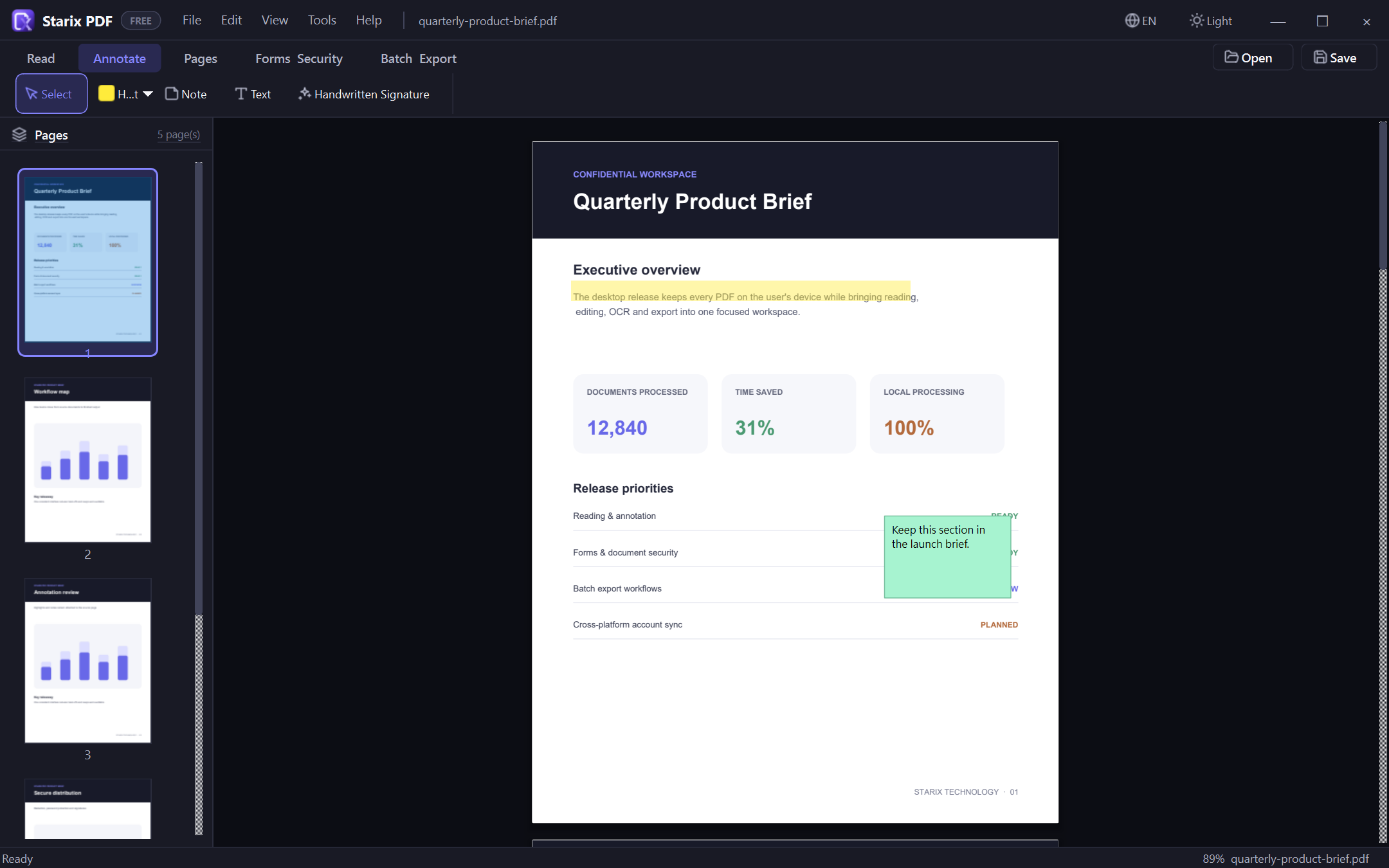 Starix PDF annotation workspace showing a real five-page product brief